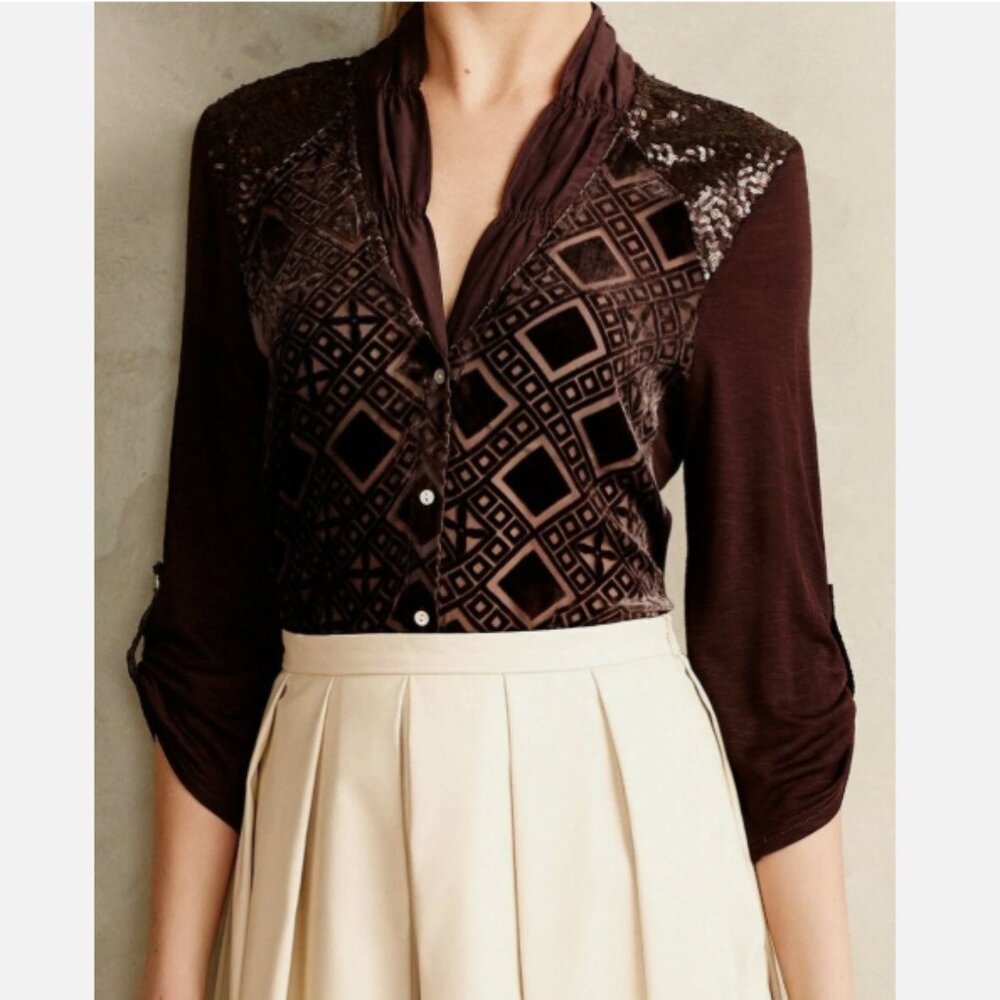 Tiny Anthropologie Brown Velvet Sequins Y2K Button Down Top XS